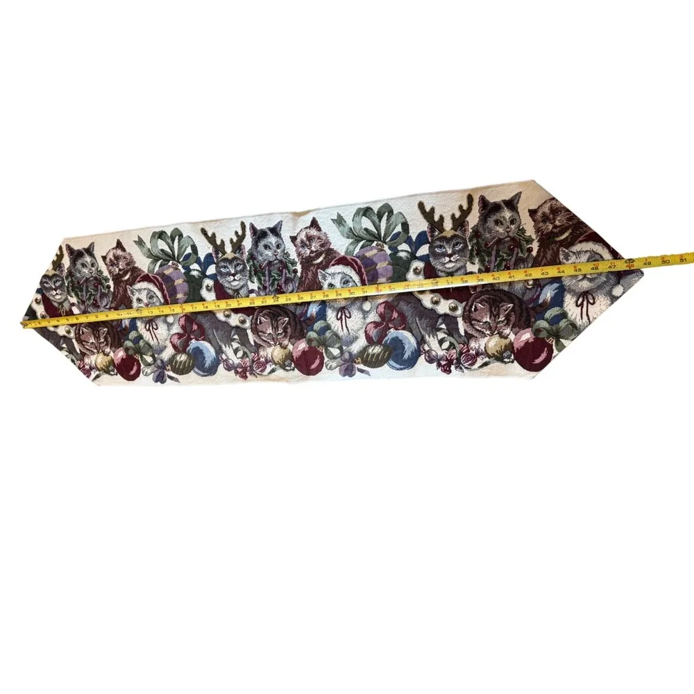 Vintage Christmas Cats Woven Tapestry Table Runner Holiday Decor 48 Inch